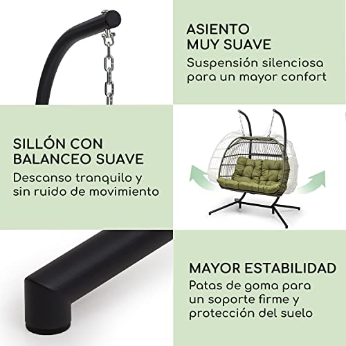 Blumfeldt Columpio Jardin Exterior Doble, Silla Colgante con Soporte para Colgar con Base para Jardín Patio y Dormitorio, Hamaca Colgante con 2 Cojines, Balancin Jardin Exterior Mimbre Resistente