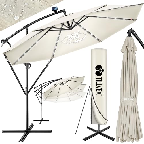 tillvex 300 cm Sombrilla Excentrico con 32 Luces LED Solar | Parasol para Terraza Jardín Balcón Patio | con Manivela y Base en Cruz, Giratorio 360º, Protección UV