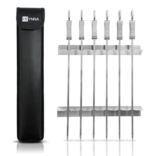 HEYNNA® Pinchos barbacoa acero inoxidable con soporte para barbacoa - Juego de 8 - Brochetas barbacoa con bolsa de almacenamiento - 45 cm
