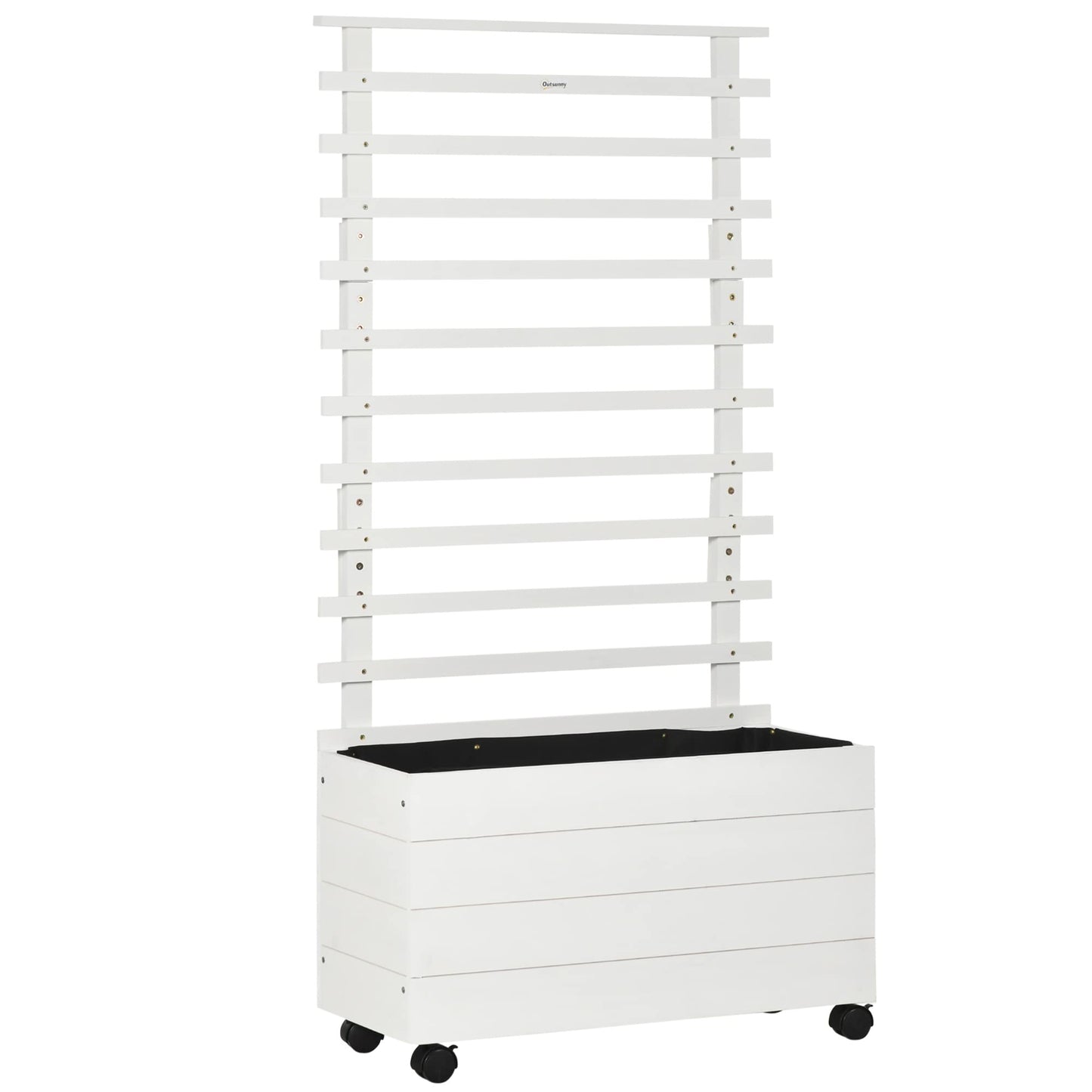 Outsunny Jardinera con Enrejado de Madera Maciza con 4 Ruedas Macetero de Jardín con Soporte para Trepadora y Tela Geotextil para Cultivos Plantas Flores 76x30x155 cm Blanco