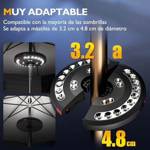 Luces para Sombrillas, Eletorot Luz Sombrilla Exterior 3 Modos de Iluminación USB Recargable Lámpara Paraguas Para Piscina, Patio, Terraza, Jardín y Playa
