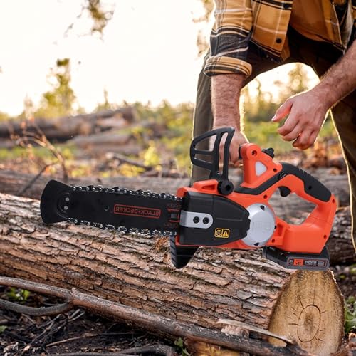 BLACK+DECKER Motosierra a Batería 18V, Batería de litio 2Ah, Espada 20cm, Velocidad Cadena 3,1m/s, Hasta 200 Cortes por Carga, para Poda y Leña - GKC1820L20-QW