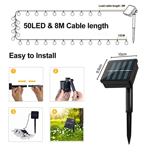TOPYIYI Guirnaldas Luces Exterior Solar, 50LED 8M Led Jardin con USB Recargable, 8 Modos & Impermeable Cadena de Luces Decoración para Terraza Patio Balcones Fiesta Boda