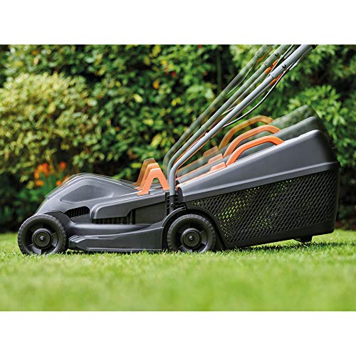 BLACK+DECKER Cortacésped eléctrico 1000W, ancho de corte 32 cm, ajuste de altura de 20-60mm, depósito de 35L, incluye desbrozadora 250W, sistema E-Drive, para jardines hasta 250m², BEMW351GL2