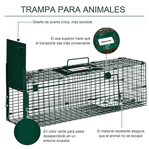Outsunny Trampa para Animales Vivos con Puerta Jaula de Captura Metálica con Asa para Conejos Visones Pequeños 60x18x20 cm Verde Oscuro