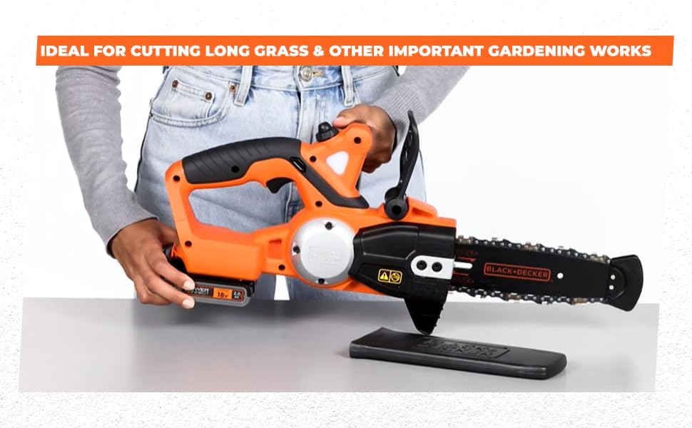 BLACK+DECKER Motosierra a Batería 18V, Batería de litio 2Ah, Espada 20cm, Velocidad Cadena 3,1m/s, Hasta 200 Cortes por Carga, para Poda y Leña - GKC1820L20-QW