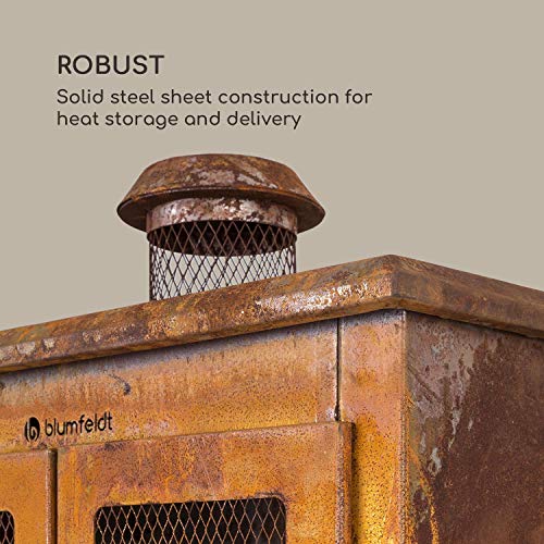 blumfeldt Flame Locker Chimenea de Exteriores - Horno de terraza, Rústico: Aspecto Oxidado, Brasero de 58 x30 cm, Depósito de Cenizas, FireView, Estructura de Acero sólida, Marrón Oscuro