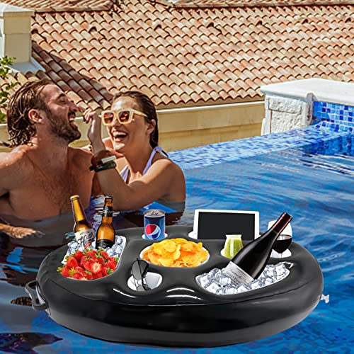 AMOBON Hinchables Posavasos Piscina, 8 Agujeros Flotador Bar Piscina, Soporte para Vasos de Bebidas Accesorios Adultos para Piscina Fiesta Playa (Black)