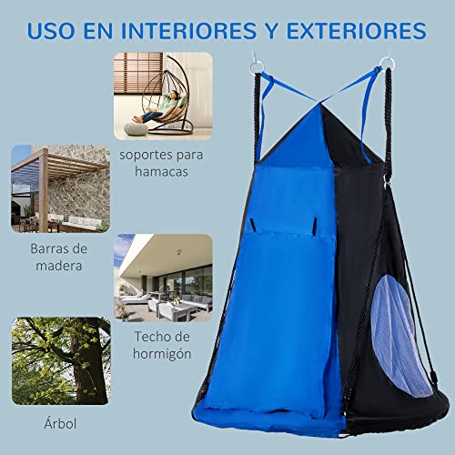 Outsunny Columpio con Tienda Infantil Columpio Nido con Puerta Enrollable y 2 Ventanas de Malla para Niños y Adultos Carga MAX. 200 kg Interior y Exterior Ø100x180 cm Negro y Azul
