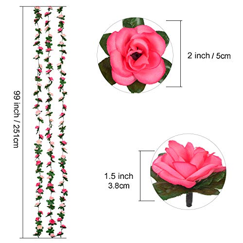 YQing 4 Piezas Artificiales Rosas Flores Guirnalda, 250cm Rosas Falsas Artificial Flor Rosa Vid Planta con Hojas de Hiedra Verde para la decoración del jardín del Banquete de Boda (Rosado)