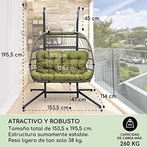 Blumfeldt Columpio Jardin Exterior Doble, Silla Colgante con Soporte para Colgar con Base para Jardín Patio y Dormitorio, Hamaca Colgante con 2 Cojines, Balancin Jardin Exterior Mimbre Resistente