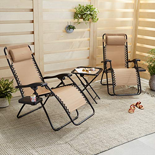 Amazon Basics sillas con gravedad cero y mesa auxiliar, para Oficina, Plegable, Soporte de cabeza, Reclinable, Acero aleado, Paquete de 2, Beige