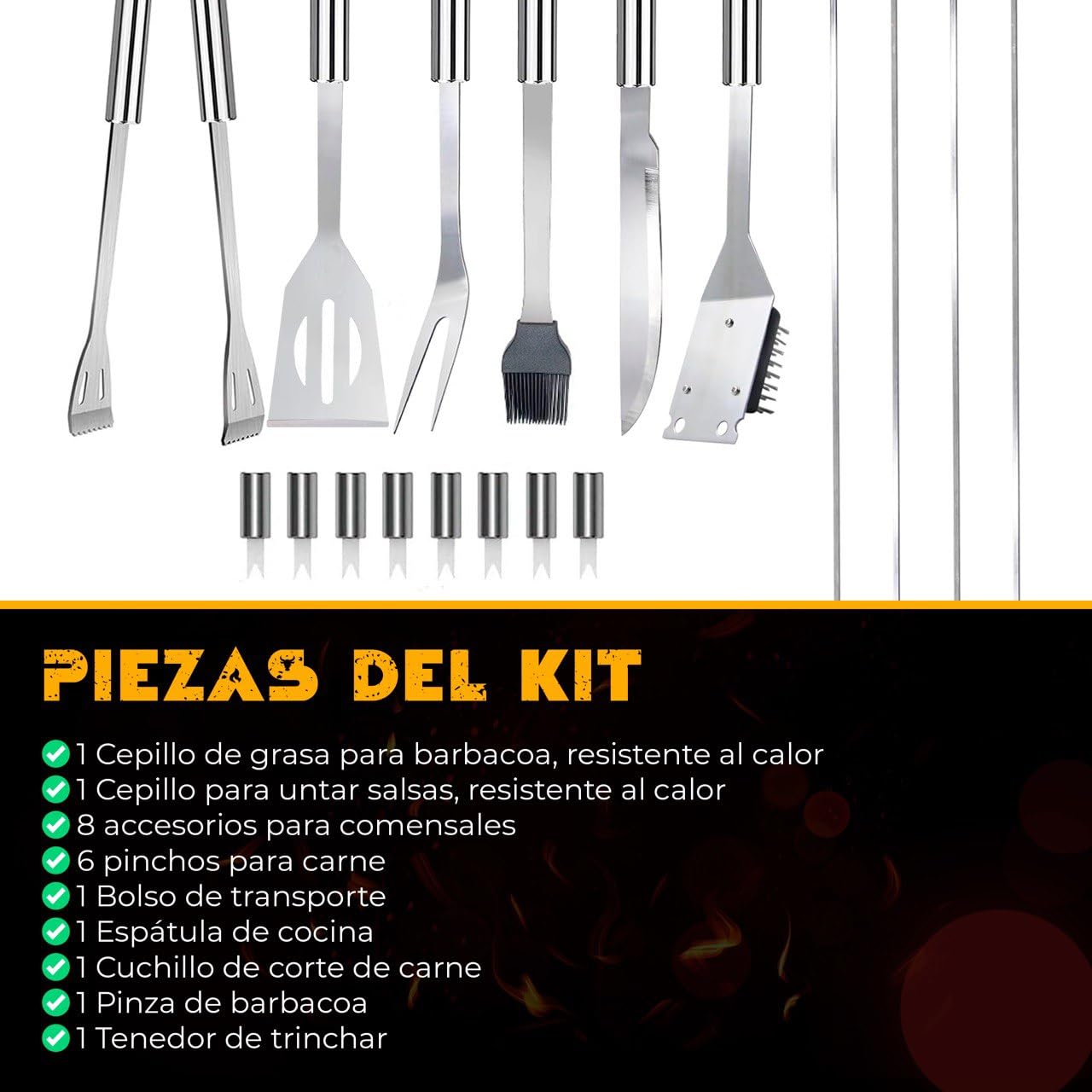PEVLA Set Barbacoa 21 Piezas de Acero Inoxidable - Utensilios Barbacoa - Accesorios Barbacoa - Kit Barbacoa - Kit Barbacoa Utensilios - Set Barbacoa Utensilios (Kit 21 Piezas) (21)