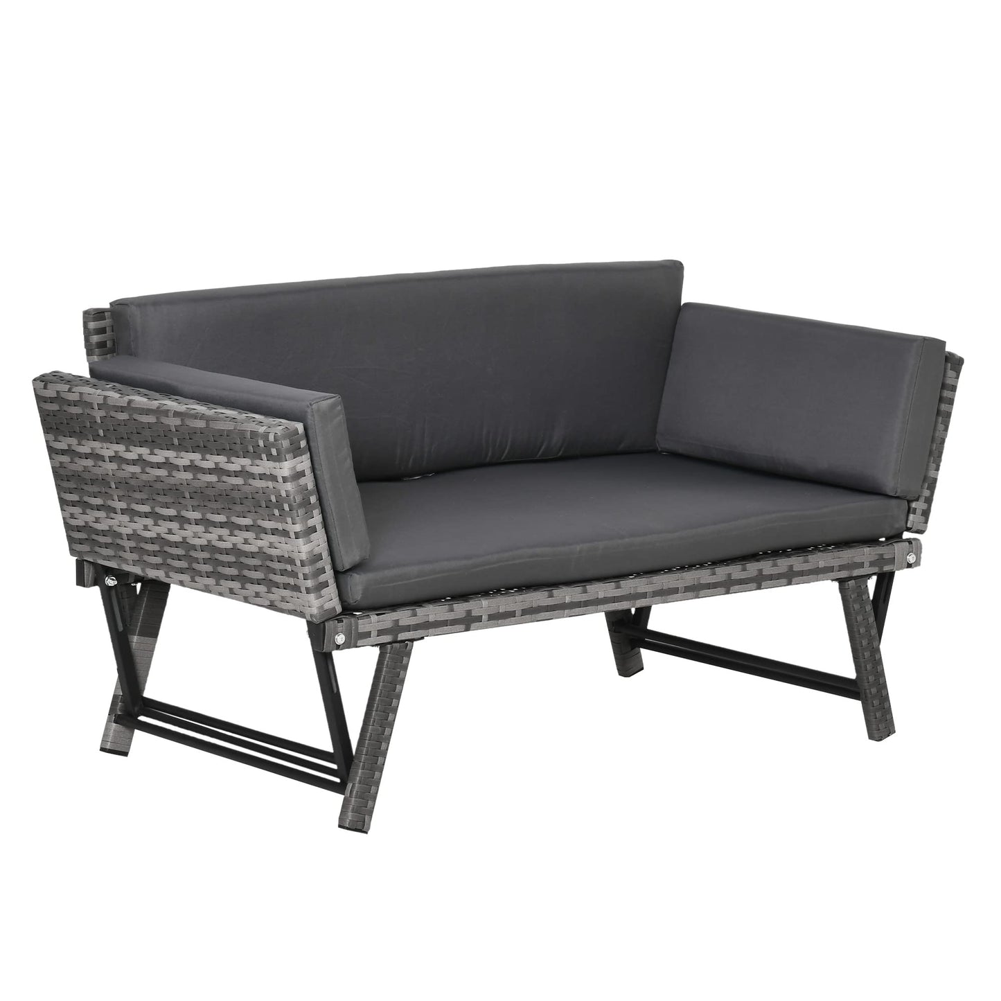 Outsunny Sofá de Ratán de 2 Plazas Convertible en Cama Individual 129x63x67 cm con Reposabrazos Abatibles y Cojines Acolchados Sofá Doble para Jardín Patio Terraza Gris