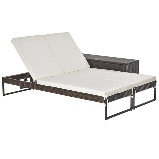 Outsunny Conjunto de 2 Tumbonas de Jardín con Cojines Acolchados Ratán con Mesa Auxiliar para Piscina o Terraza Carga 160 kg 195x60x86 cm Acero Marrón