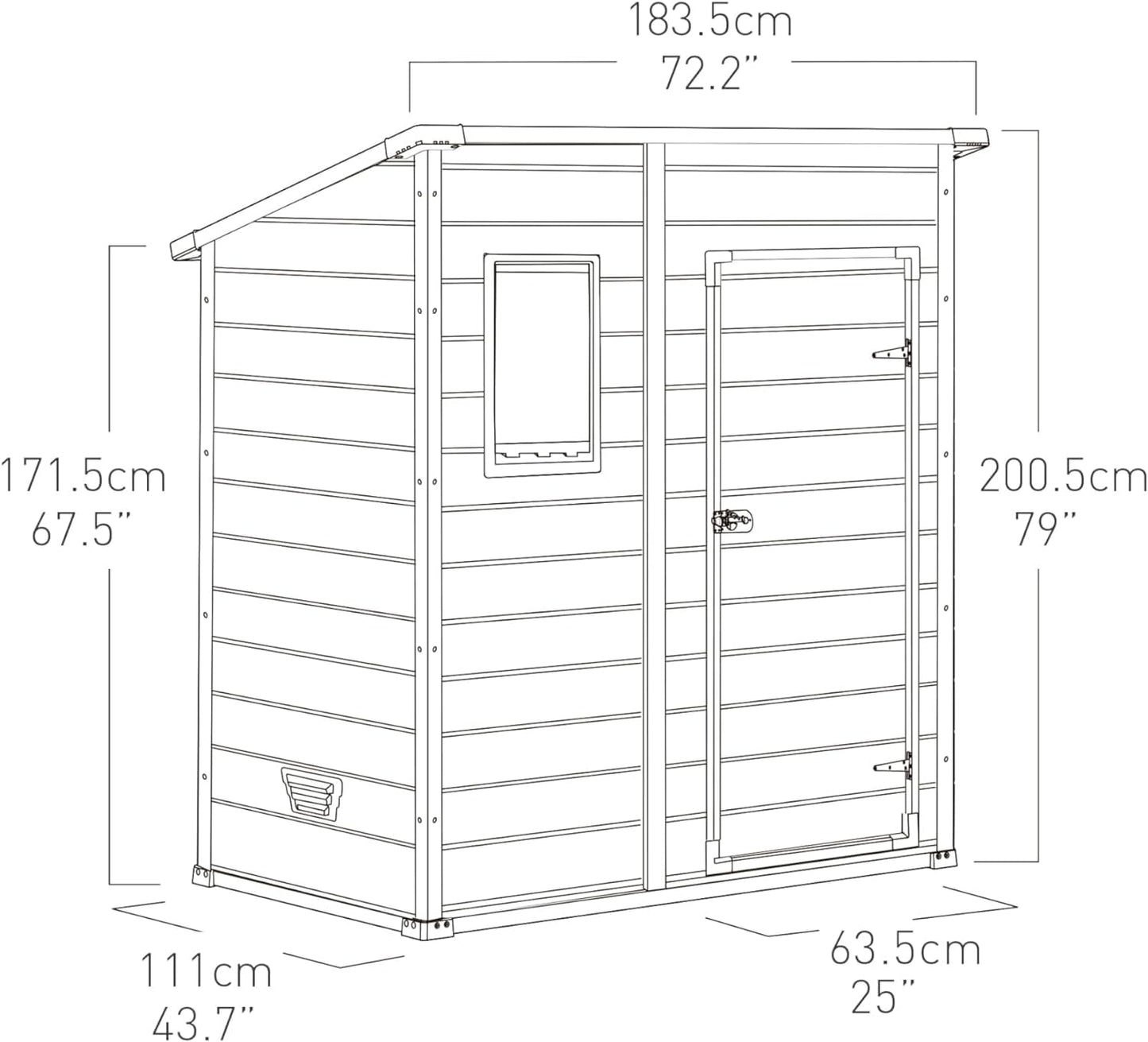 Keter Manor Pent 4X6 - Caseta de jardín, 183,5x111x200,5 cm y 1,8m2, Suelo, Sistema de ventilación, Puerta y Ventana, Resistente al Agua, Color Gris
