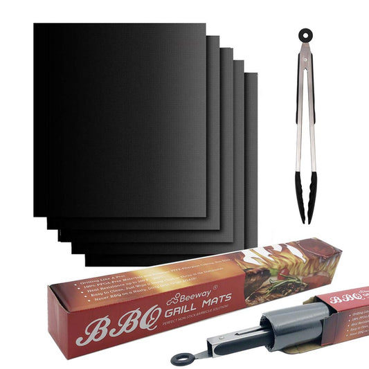 Set de 5 alfombrillas Beeway para barbacoa, bandejas antiadherentes para barbacoa de carbón, gas o eléctrica, resistentes al calor, reutilizables y fáciles de limpiar, aprobadas por la FDA; incluye pinzas de 30.5 cm para barbacoa