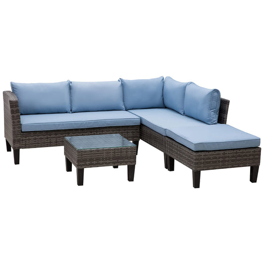 Outsunny Conjunto de Jardín de Ratán Sintético de 4 Piezas Muebles de Jardín con 2 Sofás de 2 Plazas 1 Mesa de Centro y Cojines Anti-UV para Patio Terraza Gris y Azul