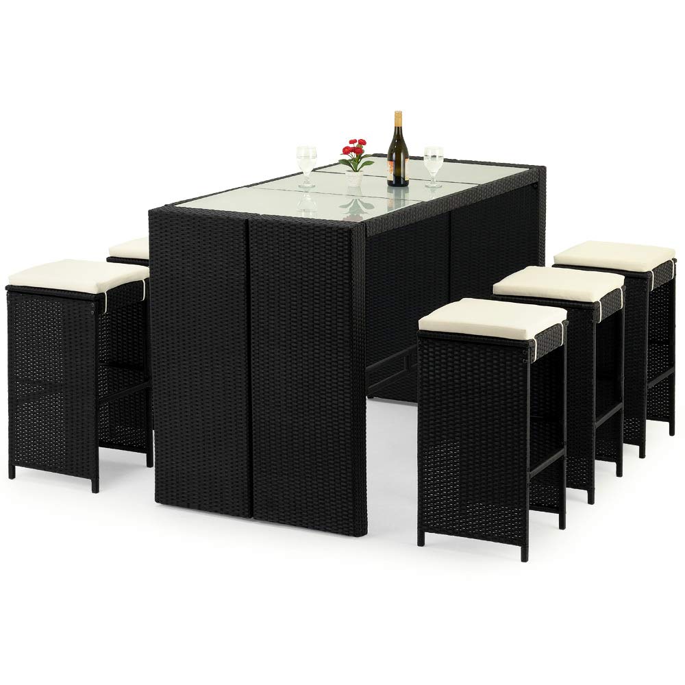 Deuba Set de Muebles de Bar poliratán 6 Taburetes de Bar con Cojines de 7cm de Grosor Conjunto de Muebles para jardín