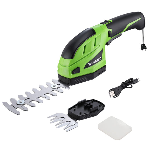 WORKPRO Tijera Cortacésped y Arreglasetos 2 en 1, Cortacetos a Batería 3,6V, Tijeras Arreglaseto con 2 Tipos de Cuchillas Ancho de Corte 80 mm, 120mm, Herramienta para Jardín