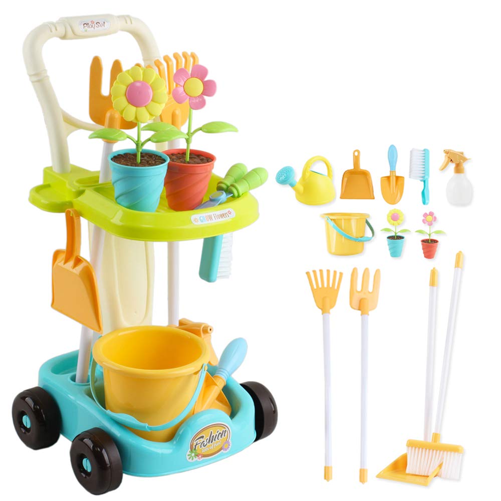 deAO- Juego de 26 Herramientas de jardinería Carrito con rastrillo, Pala, regadera, Cubo y Accesorios de jardín incluidos, Divertido Juguete Educativo para niños, Multicolor, Medium (FTAL-GRDN)