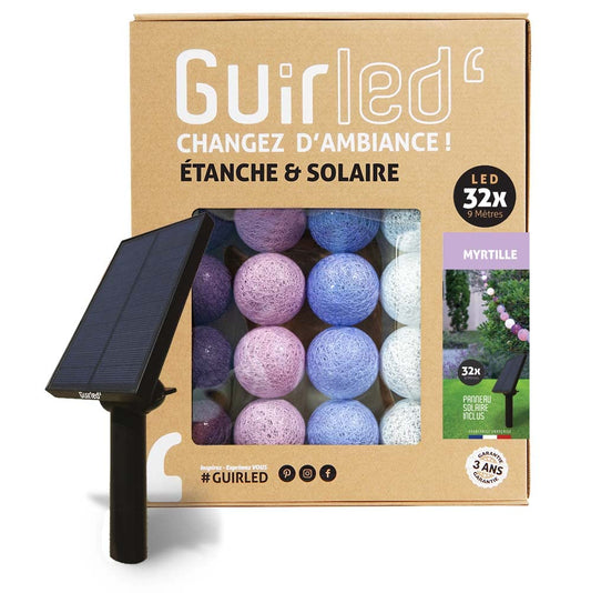 GuirLED - Guirnalda de luces LED para exteriores - Impermeable IP65 - Panel solar de alto rendimiento - ON/OFF automático - 32 bolas 6m - Myrtille
