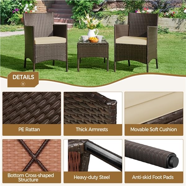 Yaheetech Conjunto de Muebles de Jardín Exterior Juego de Sillas y Mesa Terraza con Cojines Sillas de Ratán PE para Balcon