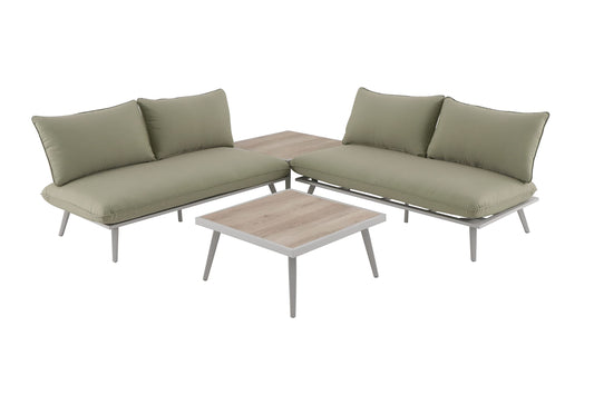 Tarrington House Sofa Set de Exterior Lualu, 4 Piezas, 2 Sofa Exterior de 2 plazas, 1 Mesa de café, 1 Mesa Auxiliar, Aluminio/poliéster/Madera, con Cojines, para terraza o jardín, Verde/Plata