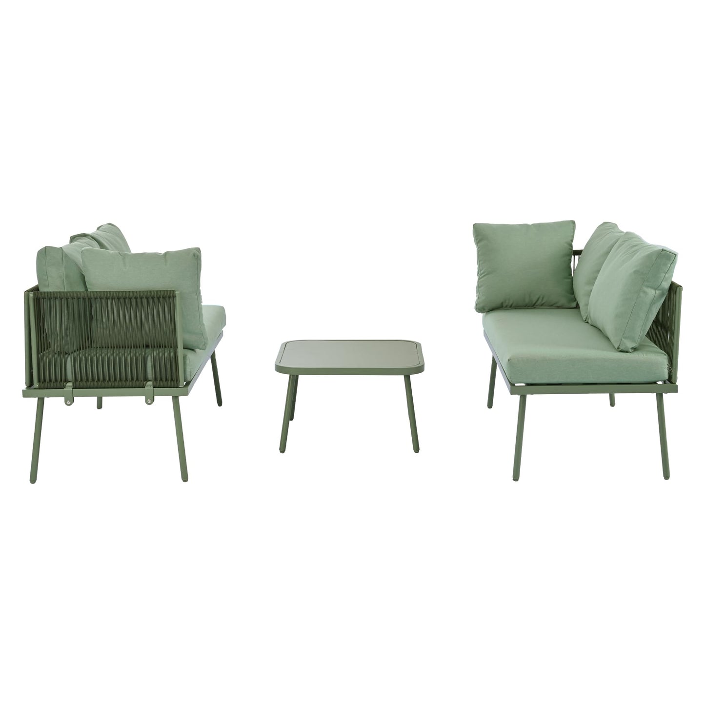 Racxily Juego de muebles de jardín, 2 sofás y 1 mesa, muebles de jardín, de hierro, con cojín de asiento, patas ajustables, verde