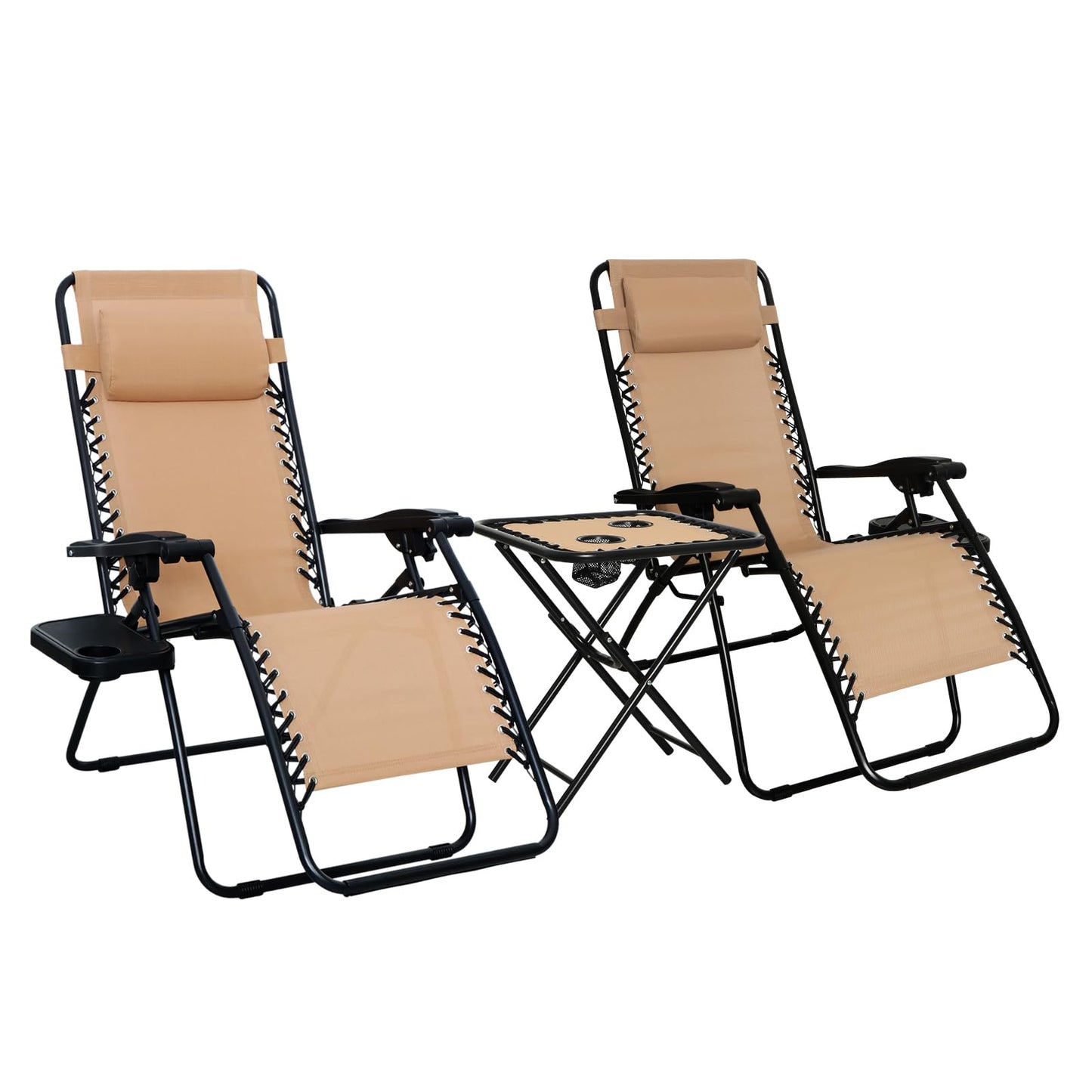 Amazon Basics sillas con gravedad cero y mesa auxiliar, para Oficina, Plegable, Soporte de cabeza, Reclinable, Acero aleado, Paquete de 2, Beige