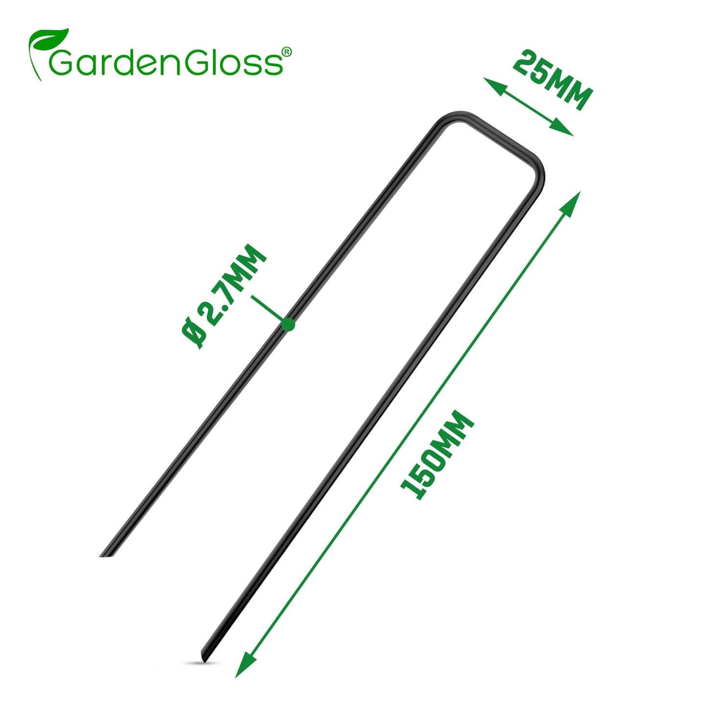 GardenGloss Grapas de Sujeción de Acero Robusto - Anclaje de Tierra para Malla Antihierbas, Valla y Red - 150 MM de Largo, 25 MM de Ancho, Ø 2.7 MM (100 Piezas)