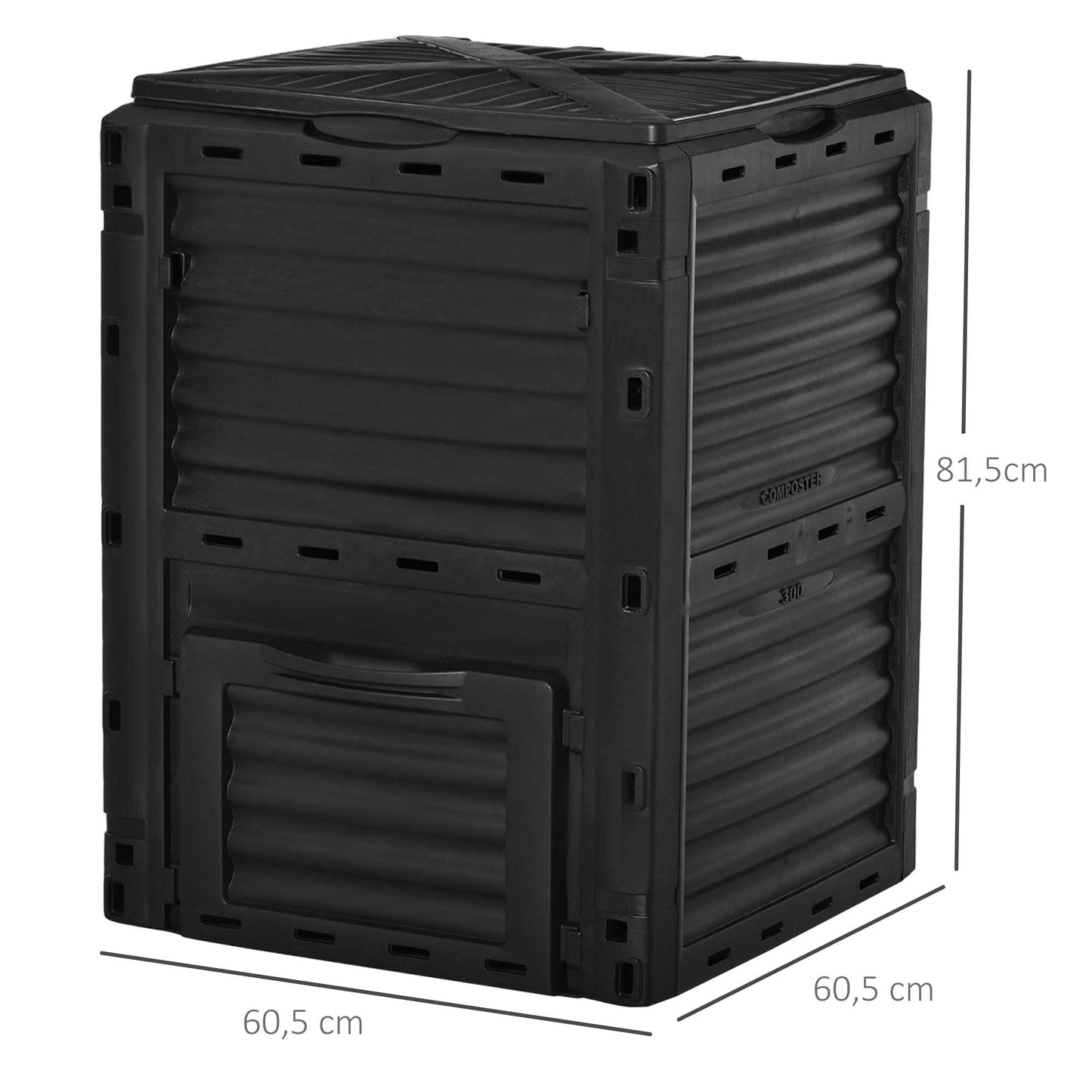 Outsunny Compostador Capacidad de 300L Compostera Orgánica para Producción Abono de Jardín Exterior con 48 Respiraderos 60,5x60,5x81,5 cm Negro