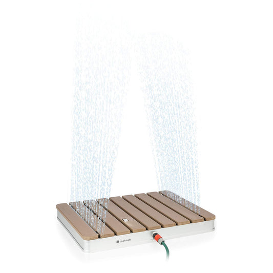 Blumfeldt Garden Shower Sumatra Breeze Round SL - ducha de jardín ducha exterior piso de ducha ducha exterior ducha de sauna, Altura ajustable hasta 4 m, Material: Aluminio / WPC, Ø 70 cm, marrón