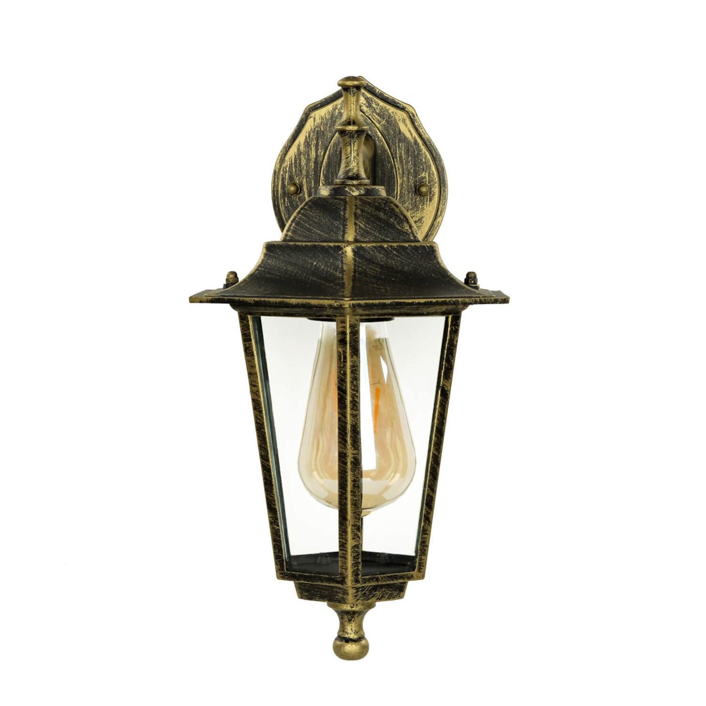 Licht-Erlebnisse Lámpara de pared exterior de vidrio y aluminio en oro antiguo, IP44, para casa y balcón, 36 cm de altura, E27, farol antiguo rústico, PARIS
