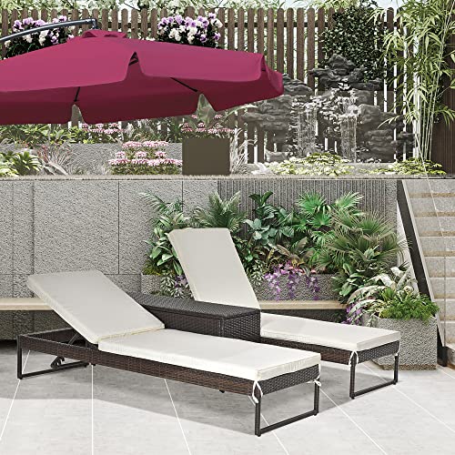Outsunny Conjunto de 2 Tumbonas de Jardín con Cojines Acolchados Ratán con Mesa Auxiliar para Piscina o Terraza Carga 160 kg 195x60x86 cm Acero Marrón