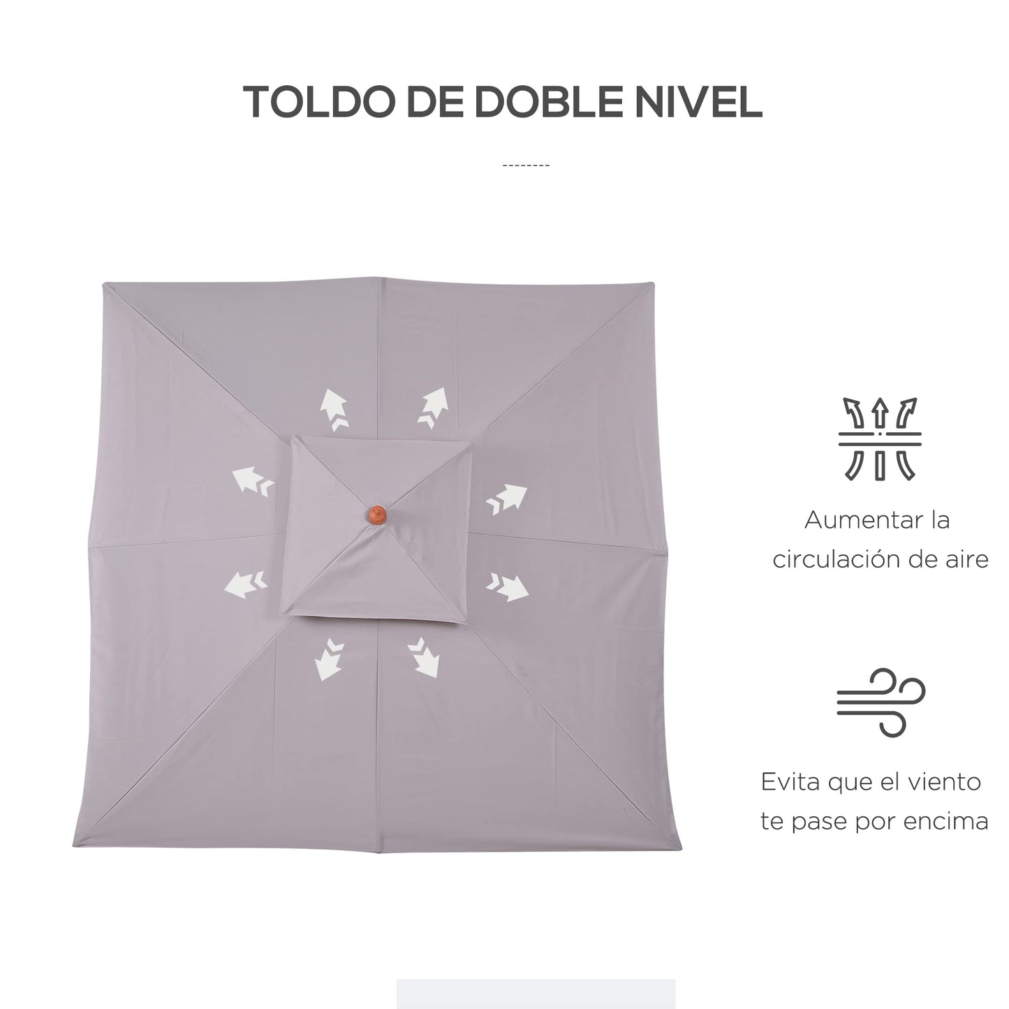 Outsunny Sombrilla de Jardín 3x3x3 m Parasol de Jardín de Bambú con Doble Techo Sistema de Polea Impermeable para Terraza Balcón Exterior Gris