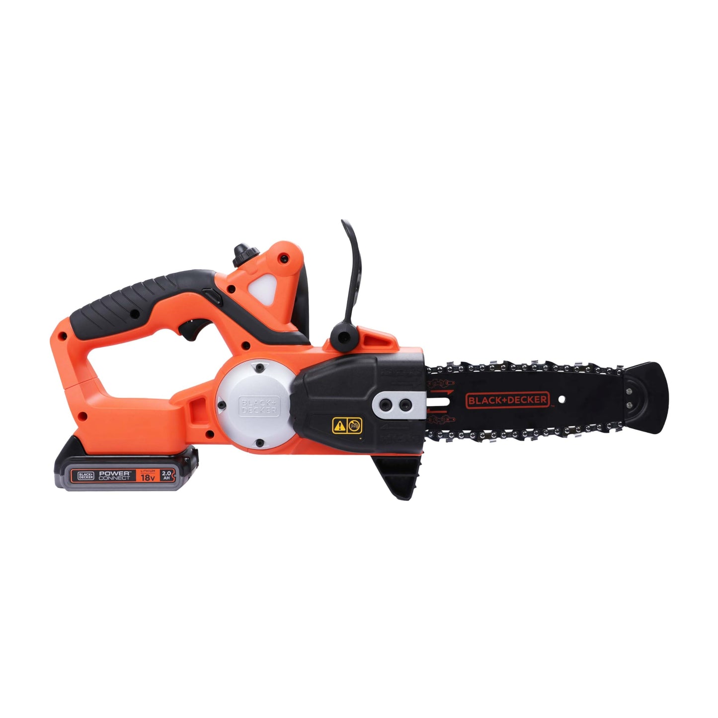 BLACK+DECKER Motosierra a Batería 18V, Batería de litio 2Ah, Espada 20cm, Velocidad Cadena 3,1m/s, Hasta 200 Cortes por Carga, para Poda y Leña - GKC1820L20-QW