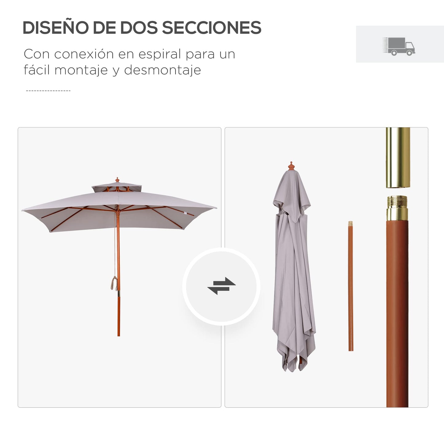 Outsunny Sombrilla de Jardín 3x3x3 m Parasol de Jardín de Bambú con Doble Techo Sistema de Polea Impermeable para Terraza Balcón Exterior Gris