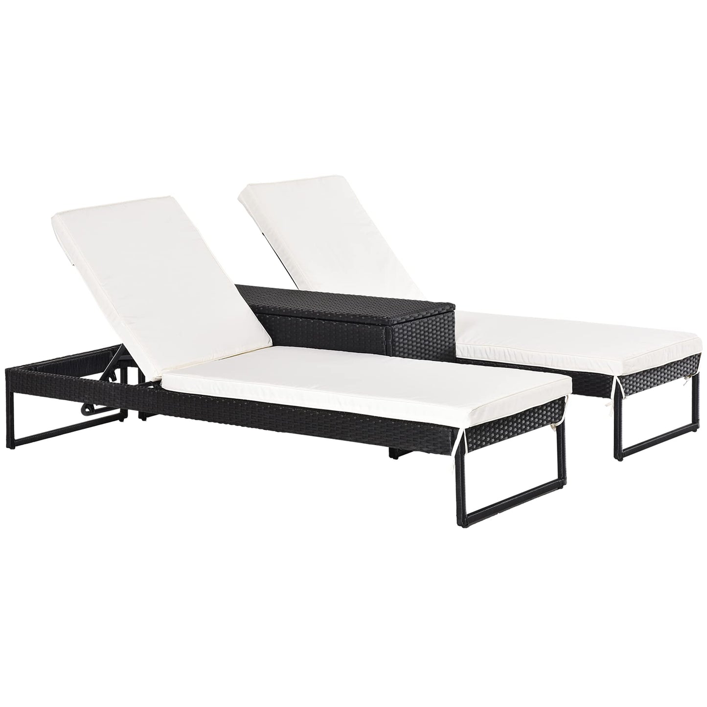 Outsunny Conjunto de 2 Tumbonas de Jardín con Cojines Acolchados Ratán con Mesa Auxiliar para Piscina o Terraza Carga 160 kg 195x60x86 cm Acero Negro