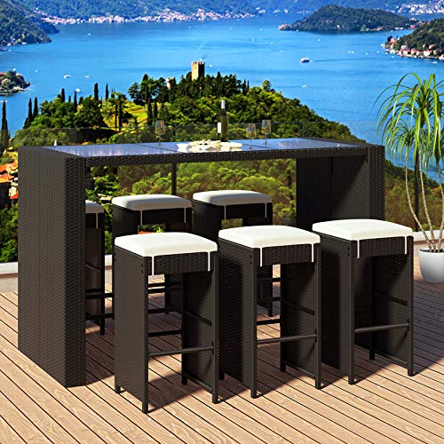 Deuba Set de Muebles de Bar poliratán 6 Taburetes de Bar con Cojines de 7cm de Grosor Conjunto de Muebles para jardín