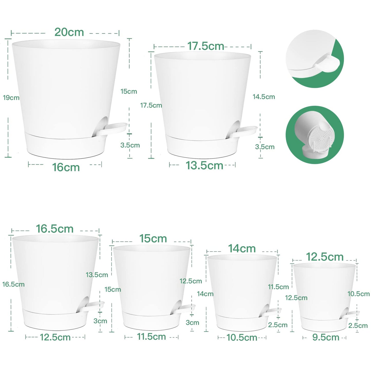 Warmplus Macetas de Riego Automático para Interior, 20/17.5/16.5/15/14/12.5cm Macetas de Plástico con Agujeros de Drenaje Plato y Depósito, Macetas de Interior para Todas Las Plantas de Casa, Blanco