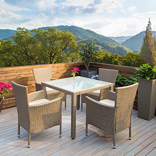 Deuba Conjunto de Poliratán 4+1 Mesa 90x90cm 4 Sillas Apilables Cojines Lavables Muebles de Jardín