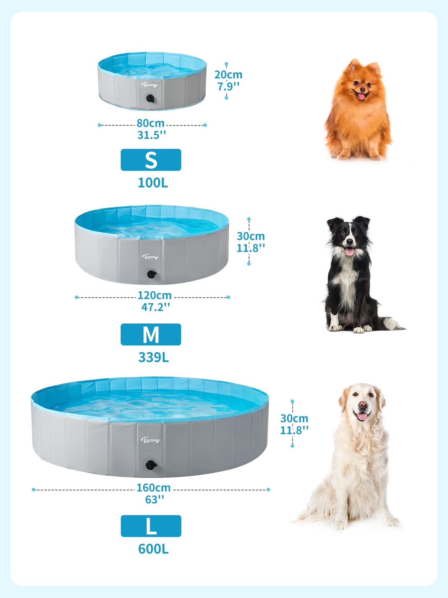 Toozey Piscina para Perros Grandes y Pequeños, 80cm / 120cm / 160cm Piscinas para Perros Plegable, Antideslizante, Piscina para Perros 100% Seguro y No Tóxico