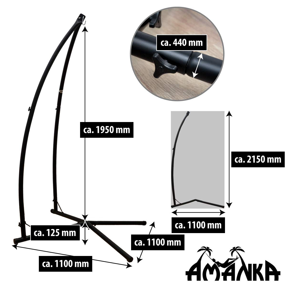 AMANKA Hasta 120 kg: Soporte para Silla Colgante - 215cm Soporte Hamaca Colgante - Base Silla Colgante - Soporte Silla Colgante de Jardin Exterior - Soporte Huevos Egg Chair Amacas Colgantes Grande