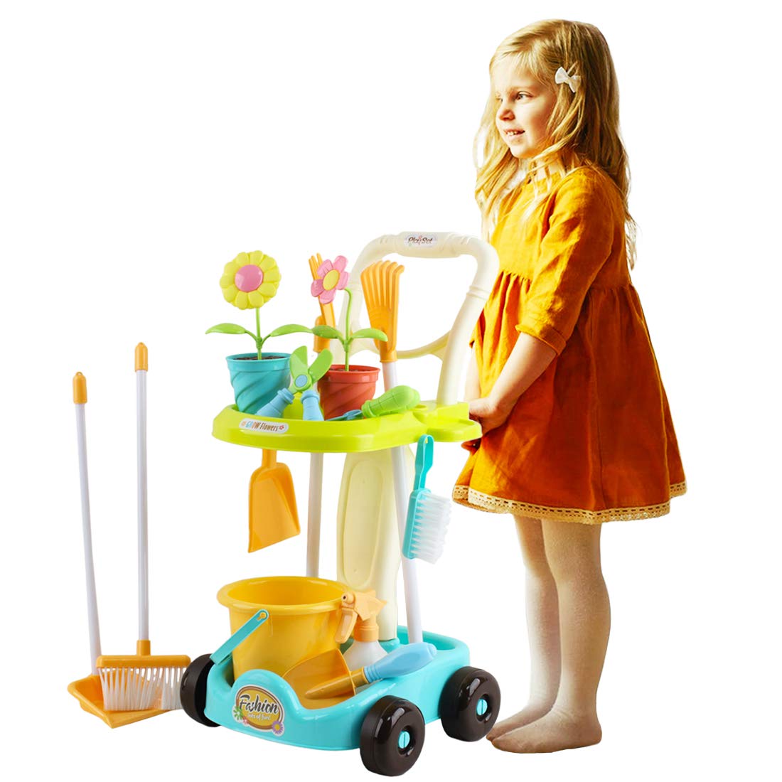 deAO- Juego de 26 Herramientas de jardinería Carrito con rastrillo, Pala, regadera, Cubo y Accesorios de jardín incluidos, Divertido Juguete Educativo para niños, Multicolor, Medium (FTAL-GRDN)