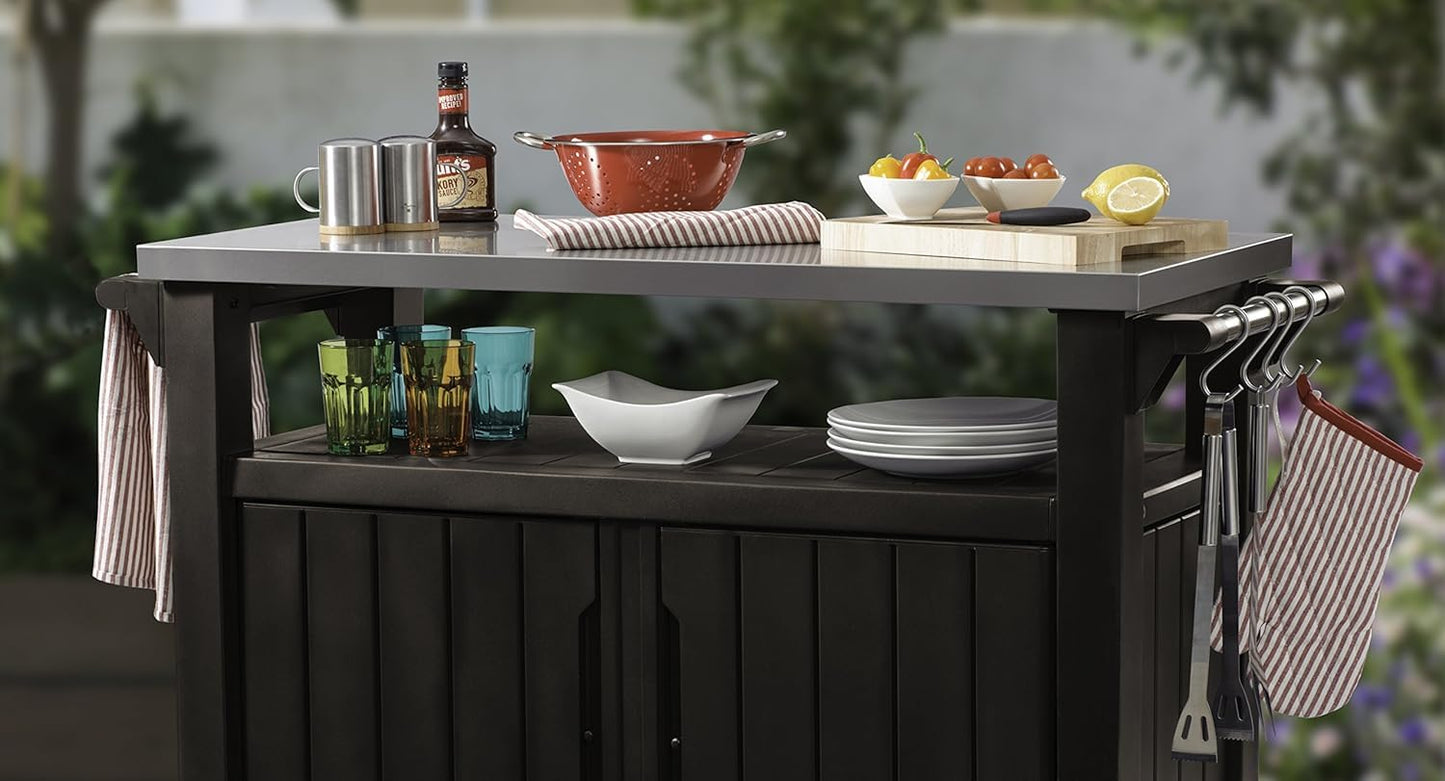 Keter Mueble Barbacoa Grande para terraza o jardín Exterior con Ruedas, Capacidad 207 litros, Color Marrón
