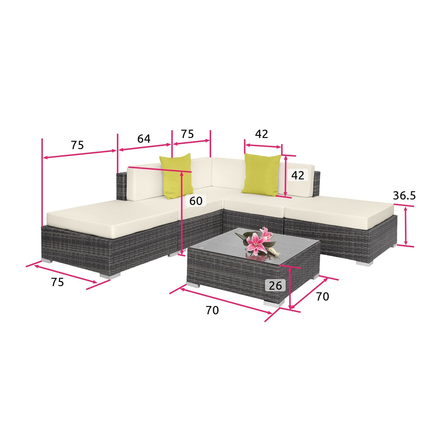 TecTake® Conjunto Jardín en Ratán y Aluminio con Cojines de 10 cm, Conjunto Terraza Resistente a la Intemperie, Muebles Jardín Exterior 3 Sillones, 1 Puf, 1 Mesa con Cristal, Fundas Extraíbles - Gris