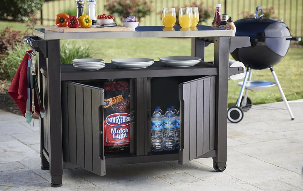 Keter Mueble Barbacoa Grande para terraza o jardín Exterior con Ruedas, Capacidad 207 litros, Color Marrón