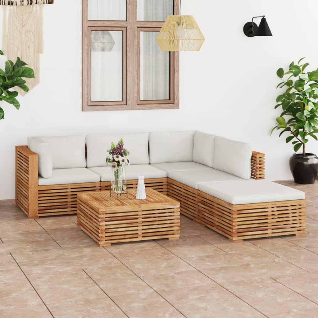 vidaXL Muebles de Jardín 6 Piezas con Cojines Mobiliario Exterior Patio Terraza Hogar Sofá Silla Mesa Asiento Suave Robusto Crema Madera Maciza Teca