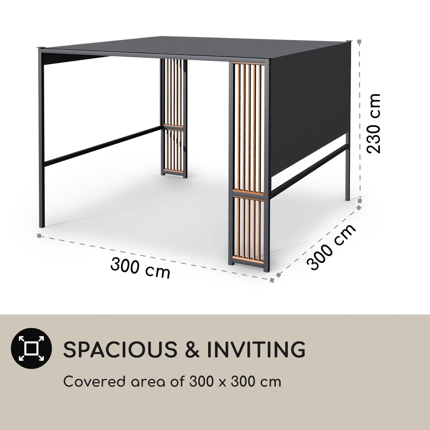 blumfeldt Carpa Jardin 3 x 3 m, Cenador para Jardin Contrachapado Madera, Tamaño Grande y Resistente al Agua y Aire, Cenadores para Jardin 1,5W, Pergola de Diseño con Luces Solares LED, UV50+